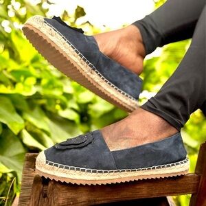 Karl Lagerfeld Paris Navy Abby Slip On Suede Espadrille Flats